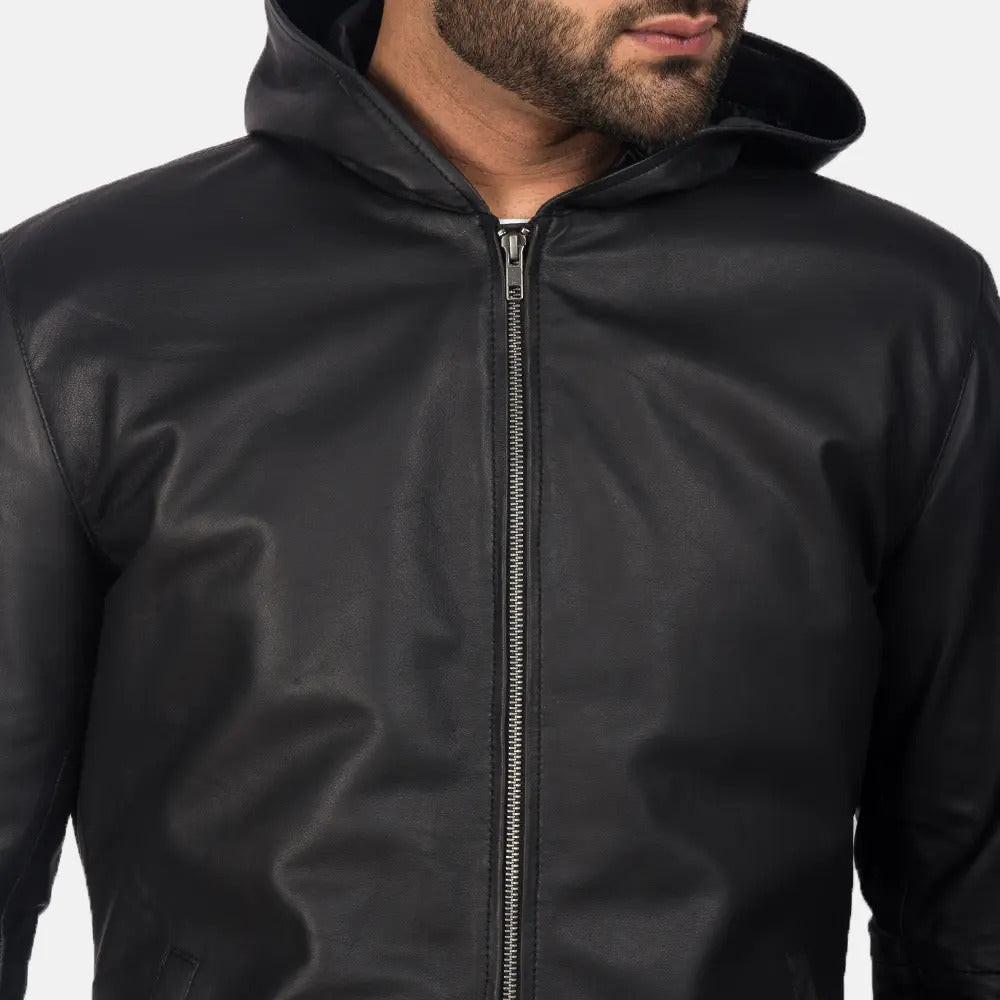 Grace Matte Black Hooded Leather Jacket