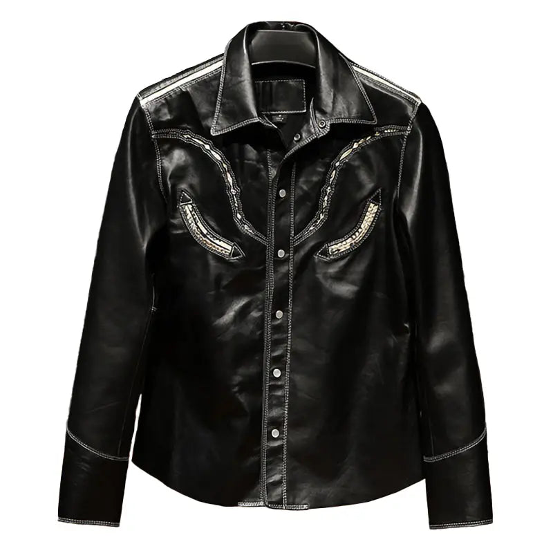 Eerie Embroided Black Leather Shirt
