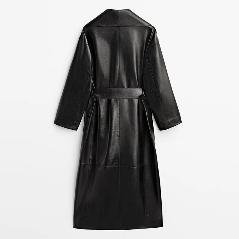 Turn Down Black Leather Trench Coat
