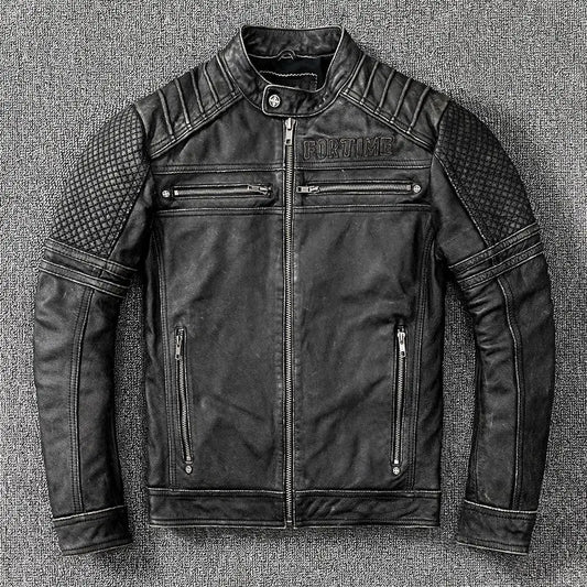 Crew Vintage Black Leather Biker Jacket