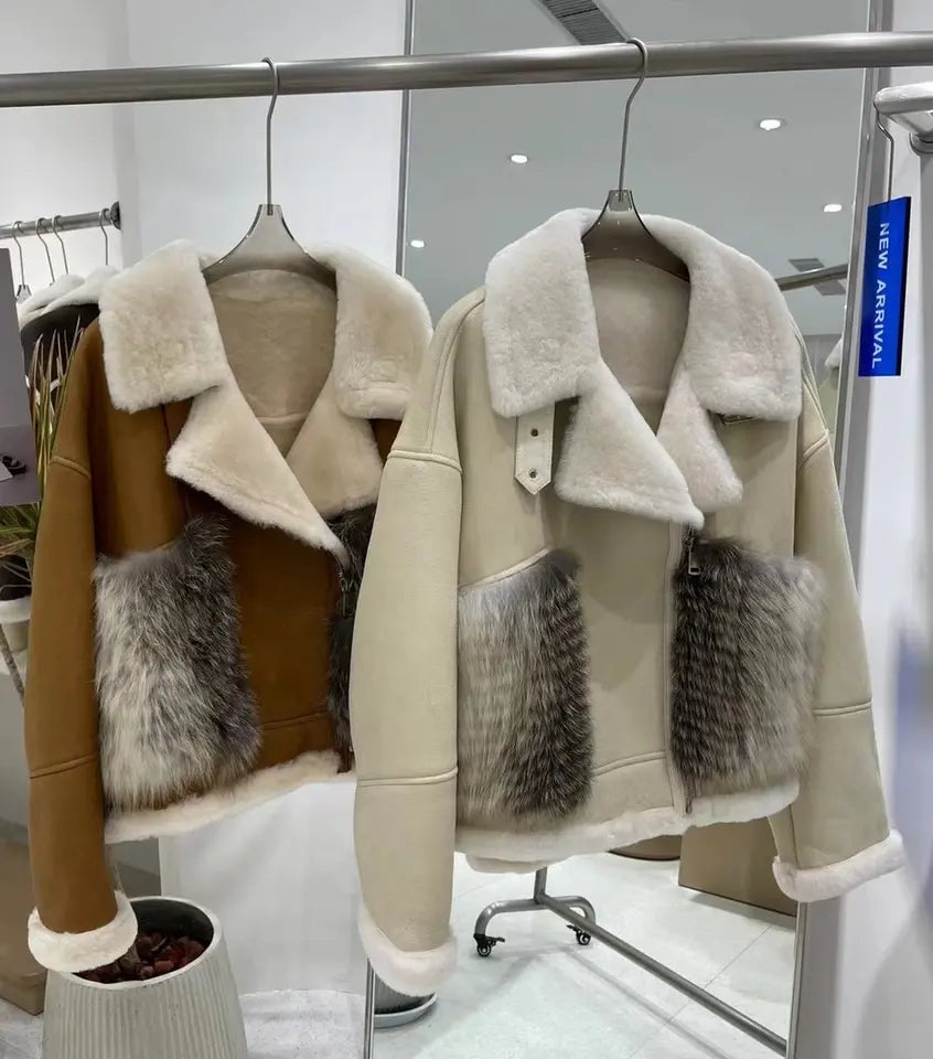 SnowFlake Leather Fur Coat