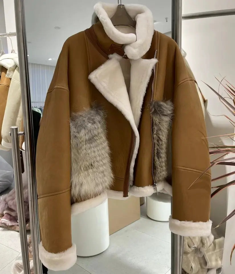 SnowFlake Leather Fur Coat